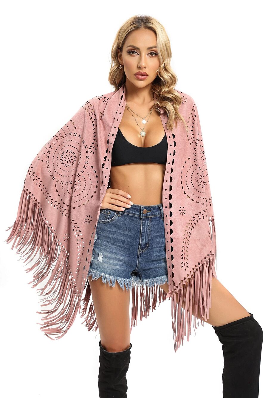 9676 Fashion Faux Suede Laser Cut Triangle Stoles Cape Shrug Scarf